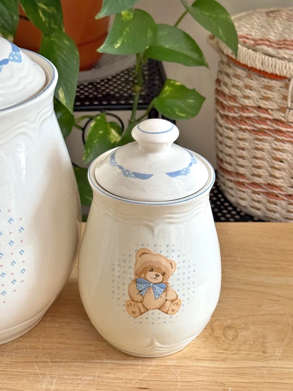 Tienshan Stoneware Vintage Country Bear Canister Set Small and Large Set of 2